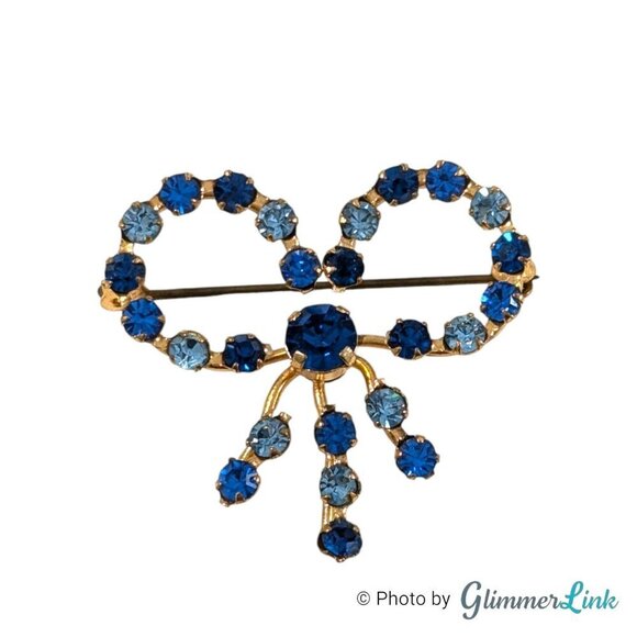 Vintage Blue Rhinestone Crystal Bow Gold Tone Brooch Pin - Picture 1 of 8